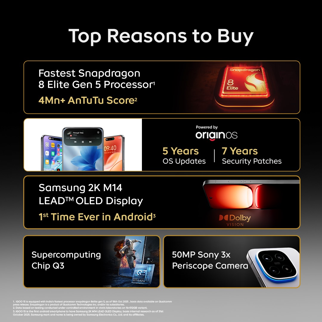 IqooInd's tweet image. The iQOO 15 is ready to take the spotlight.

Bold design, powerful hardware and a viewing experience built to stand out — this is where peak performance begins.
Swipe ahead for everything that makes it worth the wait.

Available now at amazon.in &amp;amp;…