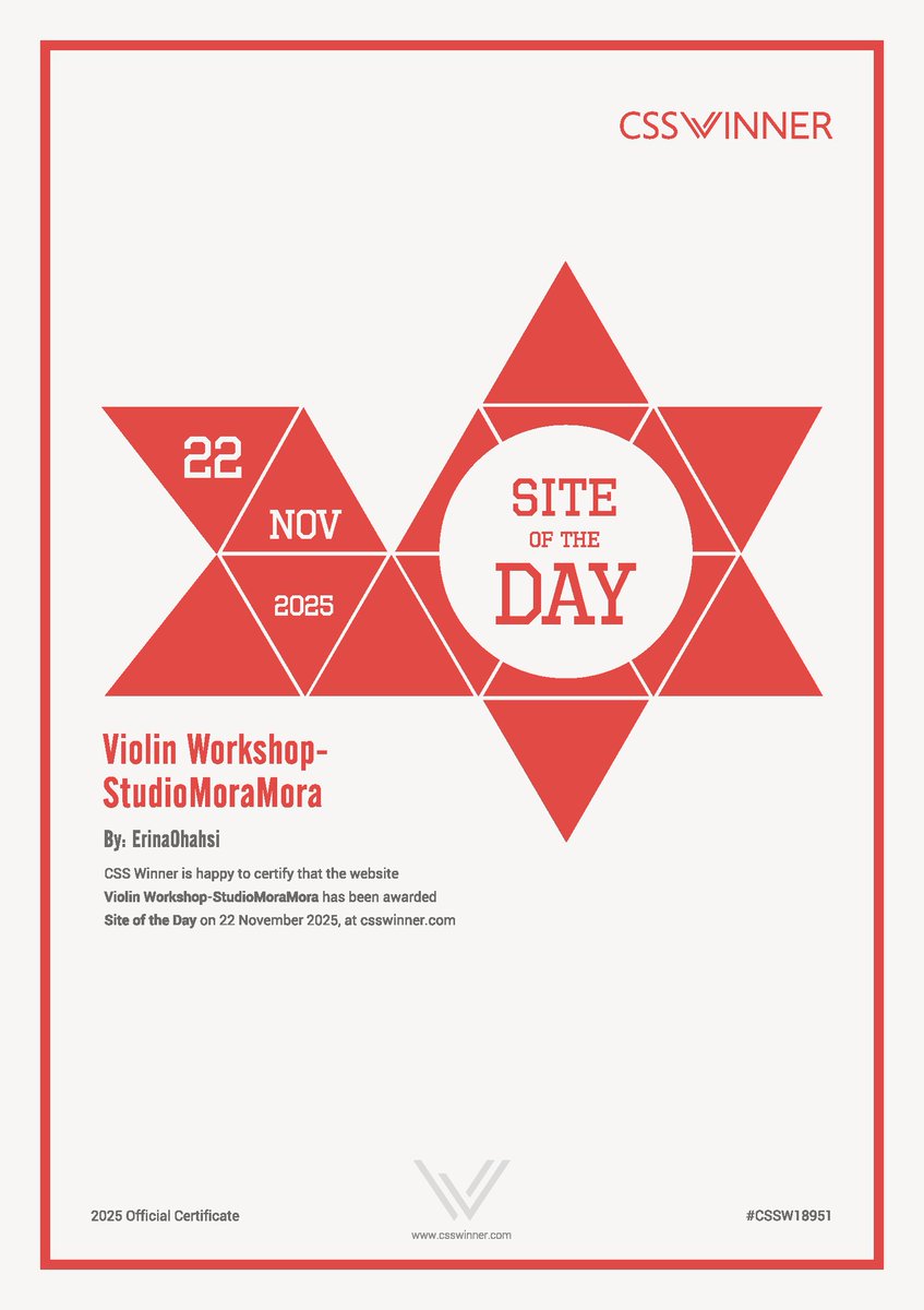 Studio Mora Moraのサイトが
CSS Winnerの「Site of the Day」
に選出されました🎖️

ありがとうございます！＾＾
csswinner.com/details/violin…