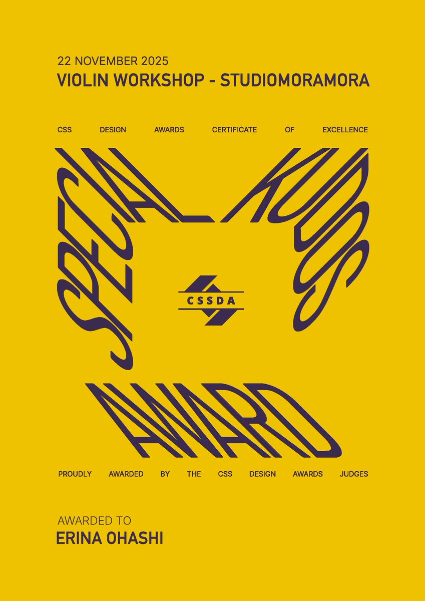 CSS Design Awards
ではUI/UX/Innovation の各部門賞と
特別賞の「Special Kudos」
を受賞しました🎖️
cssdesignawards.com/sites/violin-w…

作ったものが海外の方々にも見てもらえて、不思議な感じだな！うれしい！