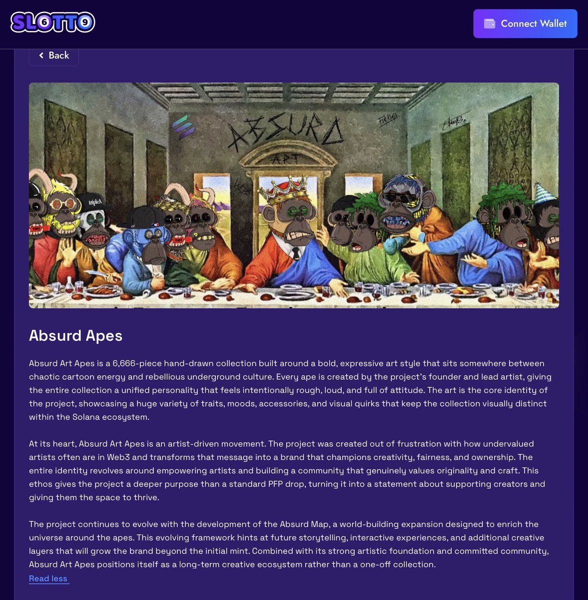 NEW LISTING

<a href="/AbsurdArtApes/">Absurd Apes (1%)</a> are now featured on Slotto.gg