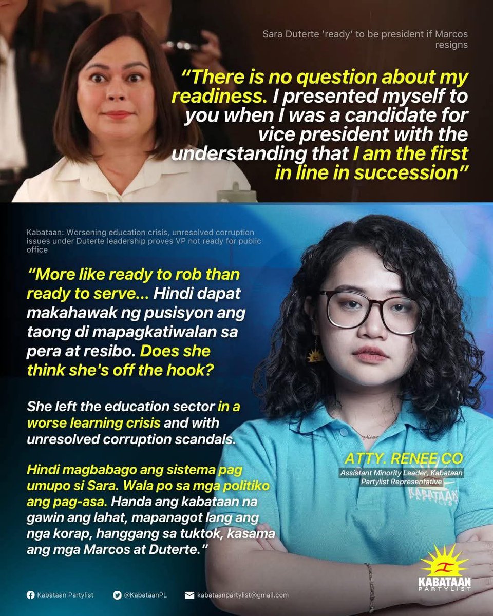 coach_poli's tweet image. ❌ Sara Duterte: “I am ready for Presidency.”

✅ Atty. Renee Co: “More like ready to rob us” 💯

❌ Jimmy Bondoc: “Bakit hindi nyo subukan?”

✅ Taongbayan: “Nasubukan na namin. And we are ready for her impeachment.” 👊

#Transparency
#Accountability
#ImpeachSaraDuterte