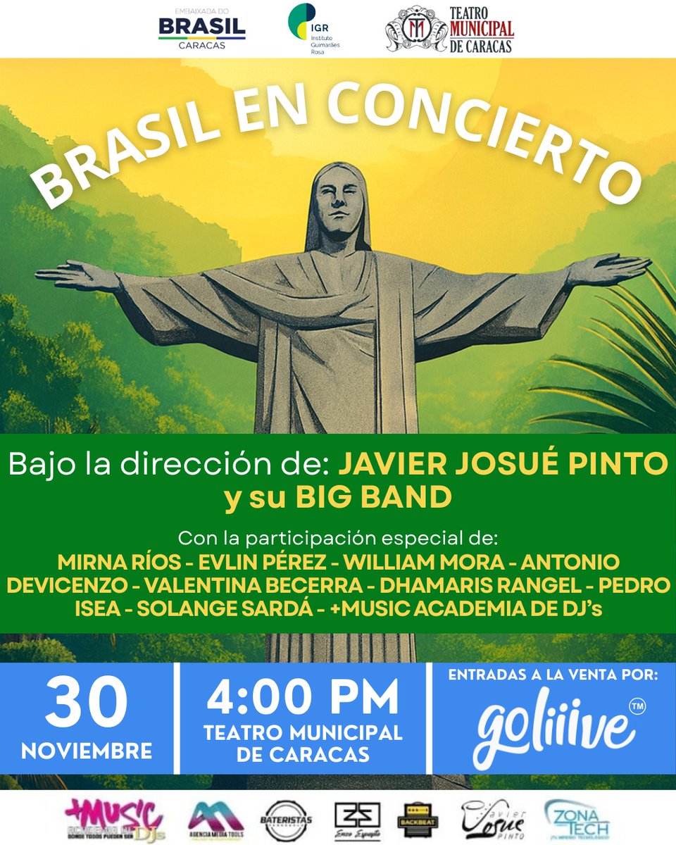 El Teatro Municipal de Caracas, bajo el auspicio de la Embajada de Brasil y el Instituto Guimarães Rosa, presenta “Brasil en Concierto”, un espectáculo que mostrará los ritmos y géneros brasileños más emblemáticos.

Entradas en: goliiive.com/fiesta-brasile…