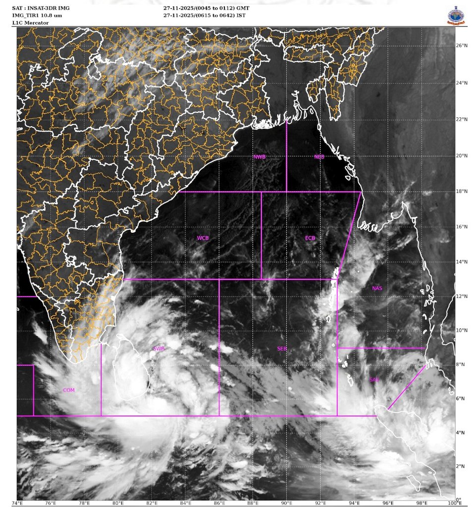 Hosalikar_KS's tweet photo. 27 Nov,#Depression over SW BoB &amp; adj areas of SE Sri Lanka &amp; Equatorial IO.
Intensify in #DeepDepression in nxt 12hrs.Very likly to #intensify further &amp; cont to move NNW across SW BoB &amp;adj SriLanka coast towards North TN, Puducherry &amp;adj S Andhra Pradesh coast in subseq 48hrs
IMD https://t.co/OScjzY1ATK
