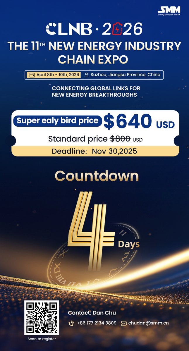 CLNB_official's tweet image. 4 Days Left! Save $160 on CLNB Pass

Hear industry leaders:
• Zhang Ping: Indonesia&apos;s new energy landscape
• Li Bo: High-ICE silicon anodes innovation
$640 (Ends Nov 30) | Secure your spot:
clnb.smm.cn/en/tickets
#CLNB #EnergyTransition #BatteryTech