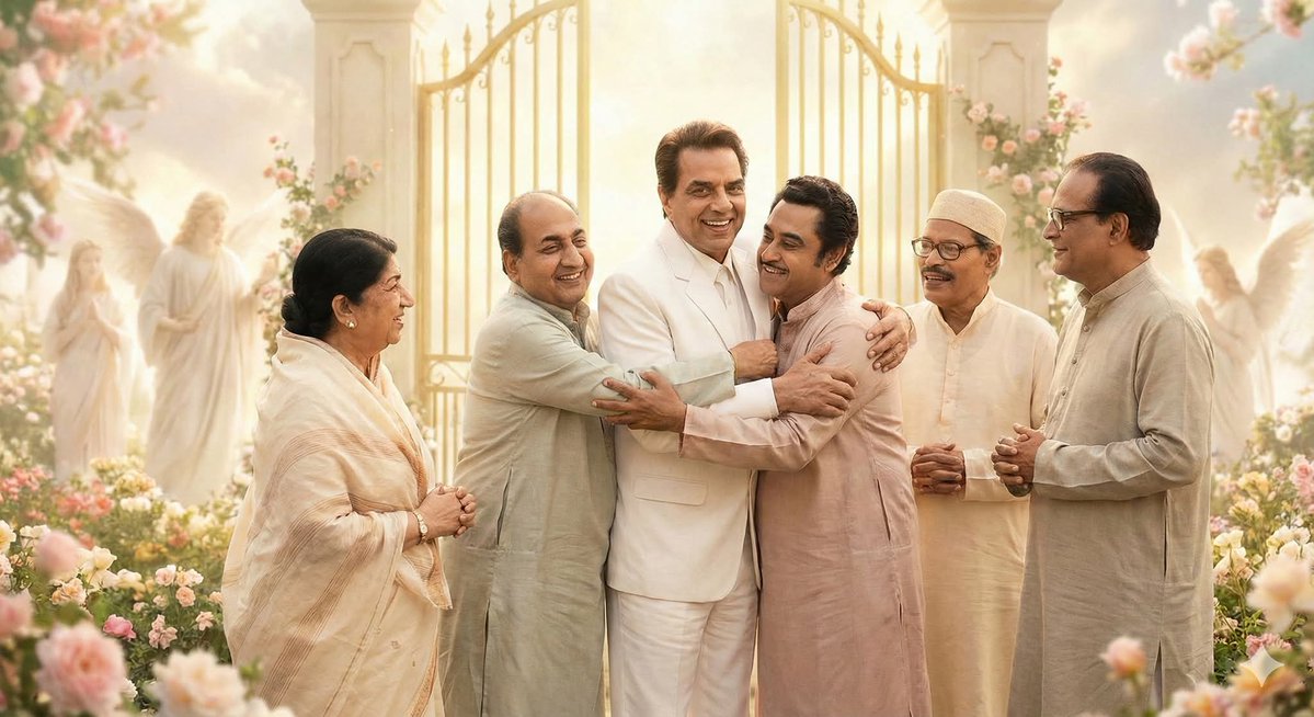 kp0867's tweet image. Legends reunited in the realm of eternity.
#LataMangeshkar, #MohammadRafi, #KishoreKumar, #MannaDey and #HemantKumar welcoming #Dharmendra at the gates of heaven.
A celestial meeting of melody and memories. ✨🙏”
(Thanks Gemini AI)