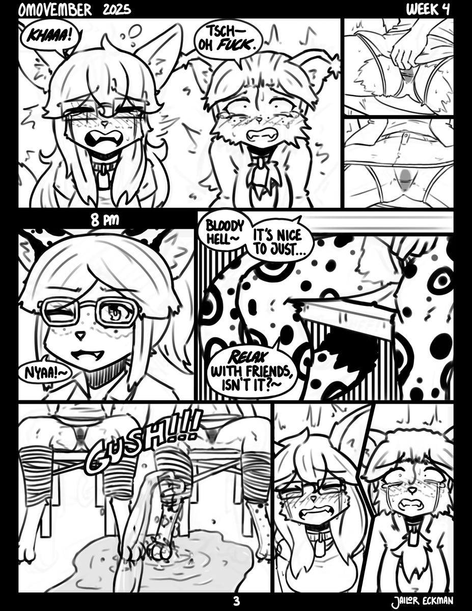 Week Four, Page 3:  Trying to line up the release of the last page with Thanksgiving for those of us in the US tomorrow!

Oh the fun of having your domme PEE on you! >:3

#omorashi, #femaledesperation, #fullbladder, #おもらし #おしがま, #おしっこ我慢, #furryomorashi, #furrynsfw