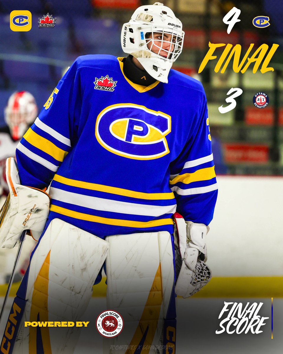 CPCANADIANS's tweet image. FINAL
Powered by our friends @final_score_sports_bar_cp 

The Carleton Place Canadians defeat the Ottawa Jr. Senators 4-3 on the road as Truan Conrad picked up the game winning goal and Will Ross earned his first CCHL win!

🔵🟡🔵
#CPC