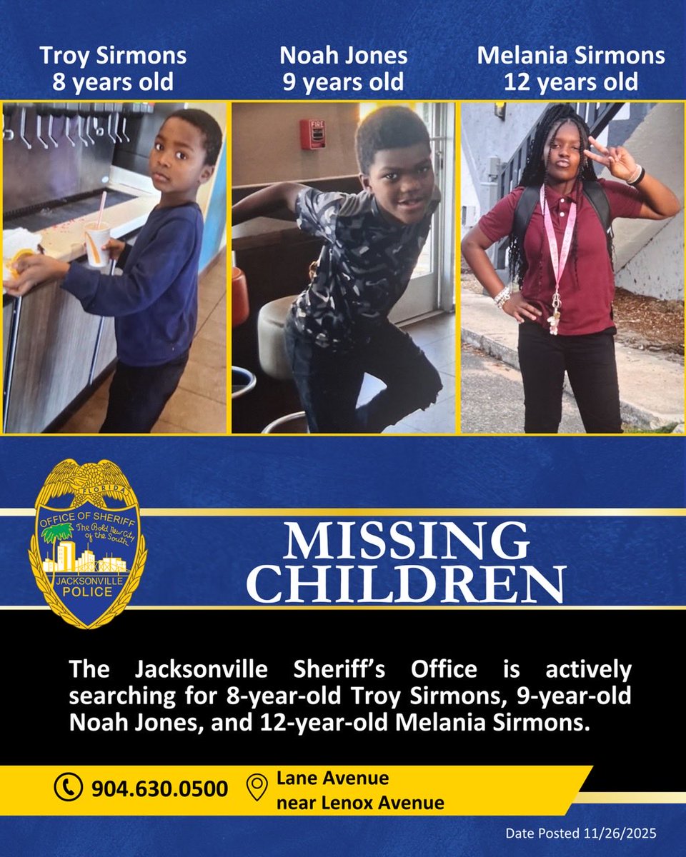 JSOPIO's tweet image. 10:10 p.m. update: Good news! Troy, Noah and Melania have been found safely! Thanks to everyone who helped spread the word!

The Jacksonville Sheriff’s Office is actively searching for 8-year-old Troy  Sirmons, 9-year-old Noah Jones, and 12-year-old Melania Sirmons. They were…