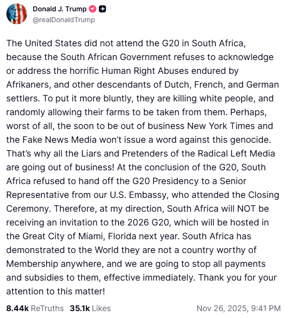 NelMarcel's tweet image. Europe came to the G20, applauded “ubuntu,” posed for photos like tourists at a zoo or a museum…

but not one of them mentioned the racial discrimination written into South Africa’s laws.

They love preaching human rights, until it’s white South Africans being targeted.

Then…