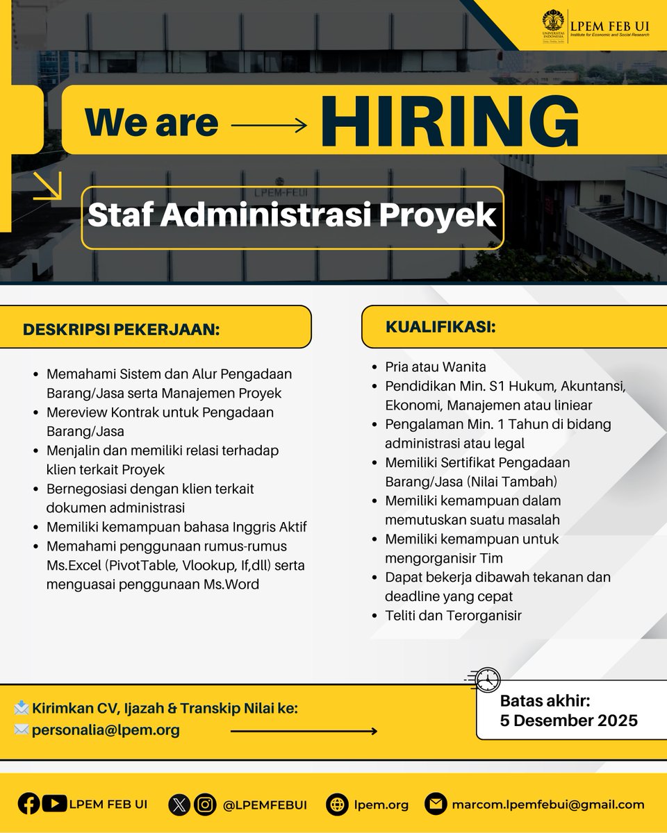 LPEMFEBUI's tweet image. 𝗪𝗘’𝗥𝗘 𝗛𝗜𝗥𝗜𝗡𝗚!  

Peran ini ibarat pintu gerbang yang sangat penting bagi kami. Keberhasilan sebuah proyek dimulai dari pengelolaan yang rapi, memastikan setiap detail terjaga dengan baik. Jika kamu punya kemampuan itu, kami menantikan kehadiranmu! Mari bergabung! ;)…