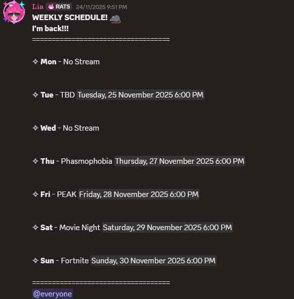 i forgot to post my schedule here again 😭 all time in AEDT