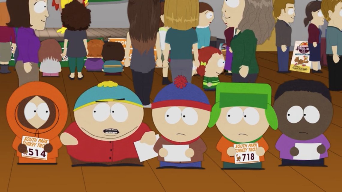 SouthPark's tweet image. Happy Thanksgiving! The South Park townsfolk run in the annual South Park Turkey Trot.

Last night’s episode is now streaming on Paramount+.