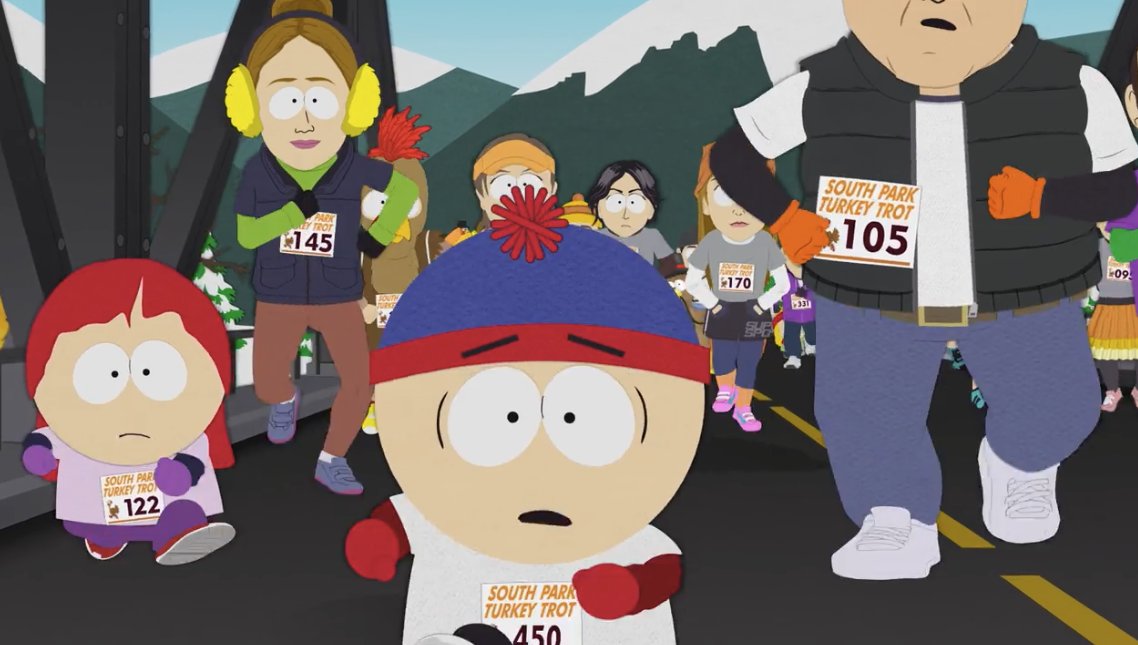 SouthPark's tweet image. Happy Thanksgiving! The South Park townsfolk run in the annual South Park Turkey Trot.

Last night’s episode is now streaming on Paramount+.