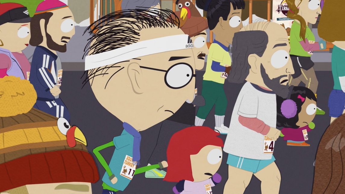 SouthPark's tweet image. Happy Thanksgiving! The South Park townsfolk run in the annual South Park Turkey Trot.

Last night’s episode is now streaming on Paramount+.