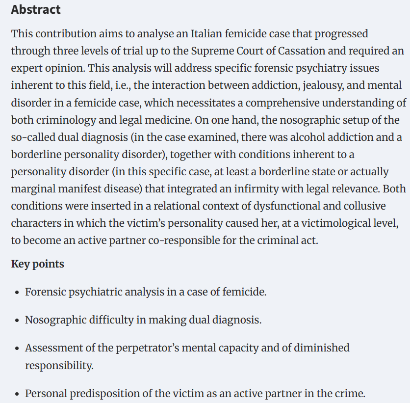ForSciRes's tweet image. FSR Vol.10, Iss.3 ​ Case Report #owaf018
From desire to destruction: addiction, jealousy, and mental disorder in an Italian femicide case by Cristiano Barbieri and others 
doi.org/10.1093/fsr/ow…
#forensicscience #femicide #victimology