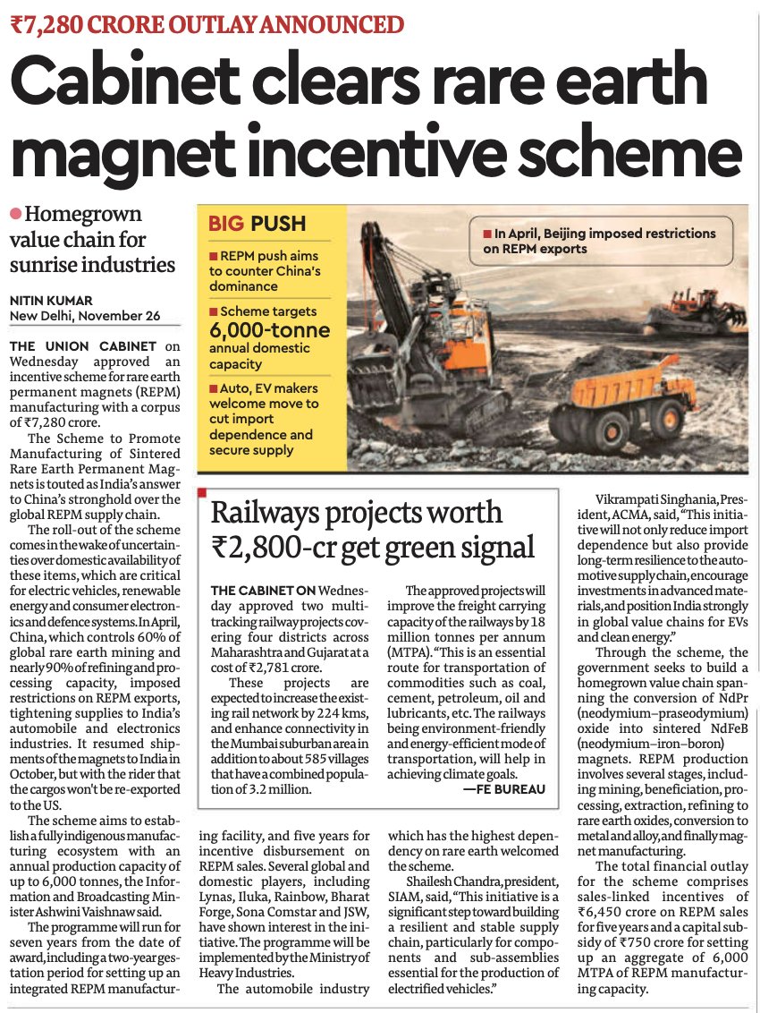 LnprCapital's tweet image. ₹7,280 Cr REPM Scheme – Who Benefits? 🇮🇳🔋

India clears a big incentive scheme to build a homegrown rare-earth permanent magnet (REPM) ecosystem, reducing dependence on China.

Listed Companies Likely to Benefit👇

Auto &amp;amp; EV Components
• Sona BLW (Sona Comstar)
• Bharat Forge…