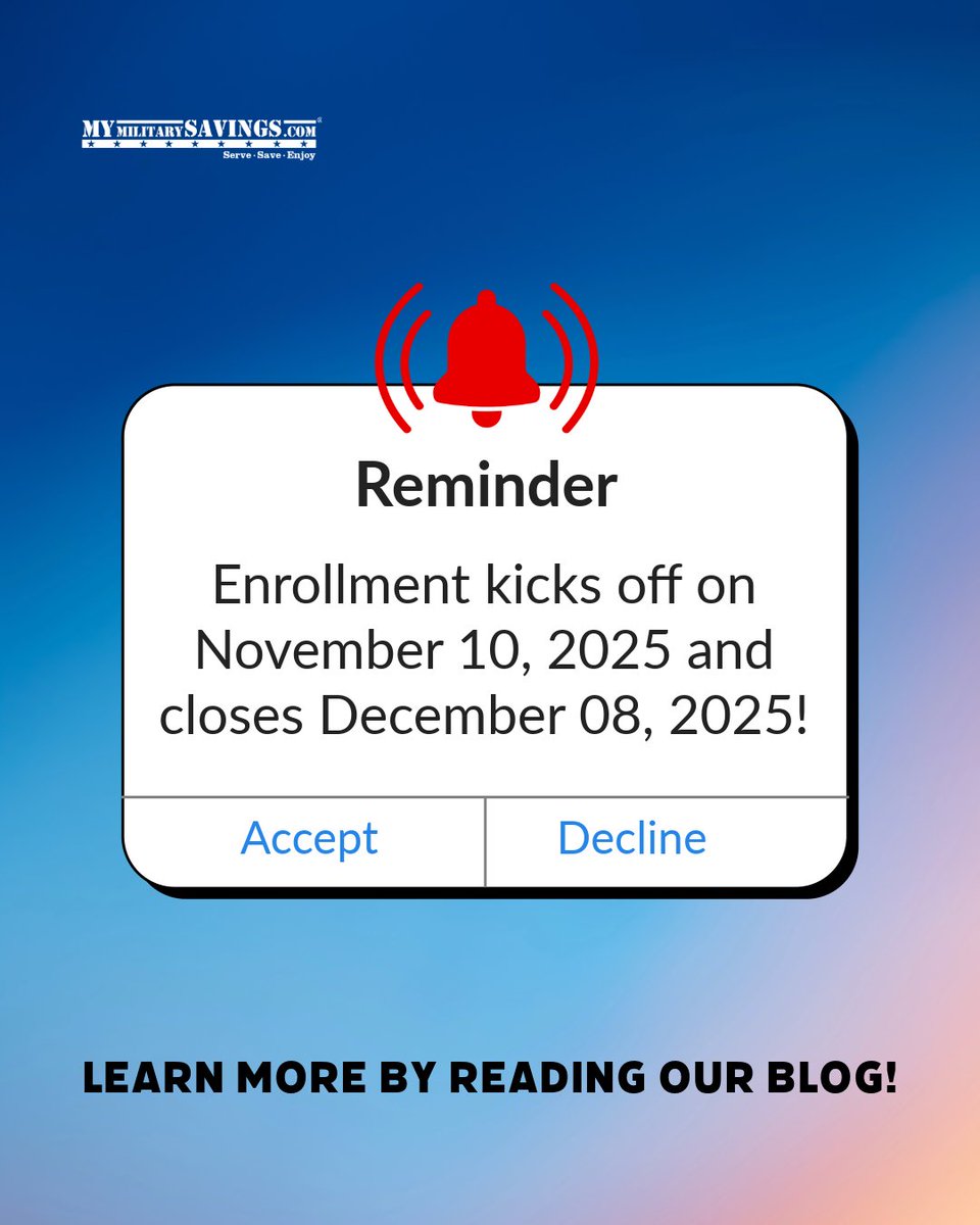 MyMilitarySvgs's tweet image. Make Your Benefits Work for You!
Open enrollment for Military FSA runs Nov 10-Dec 8, 2025. Plan ahead. Save big. Stress less.
💰Visit FSAforMilitary.com to enroll today!

#MilitaryBenefits #FSA #SaveMore