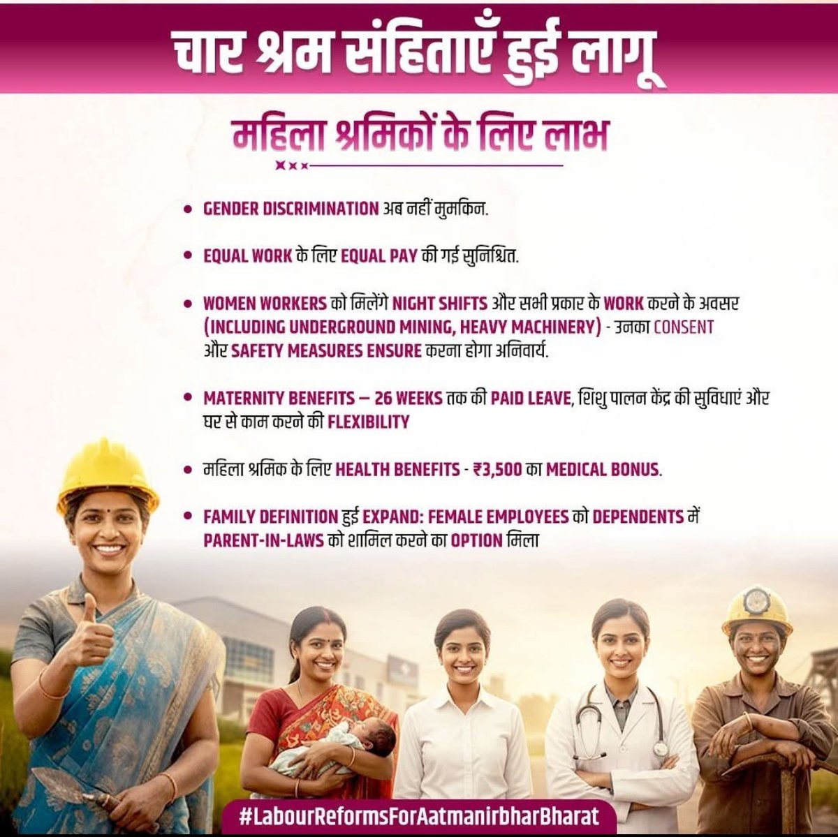 महिला श्रमिकों को लिए लाभ

अब Gender Discrimination खत्म, Equal Work पर Equal Pay सुनिश्चित की गई है। महिलाओं को night shifts सहित हर सेक्टर में काम के अवसर, consent और पूरी सुरक्षा व्यवस्था होगी अनिवार्य। महिला श्रमिकों को मिला अधिकार, सुरक्षा और बराबरी का अवसर !