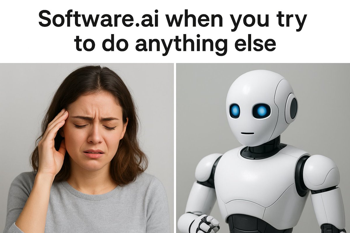 0xqluex0's tweet image. When you try to escape work but Software.ai is already staring at you 🤖💀

#WorkMode 
#AIProblems
#Meme