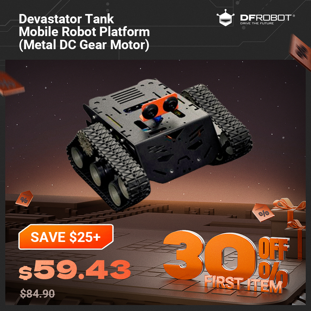 dfrobotcn's tweet image. Conquer any terrain with the rugged Devastator Tank Robot Platform! 

Built from durable aluminum, featuring powerful metal DC gear motors and a unique suspension system—perfect for makers, educators, and robotics enthusiasts. 

First unit now 30% off for Black Friday! 
👉…