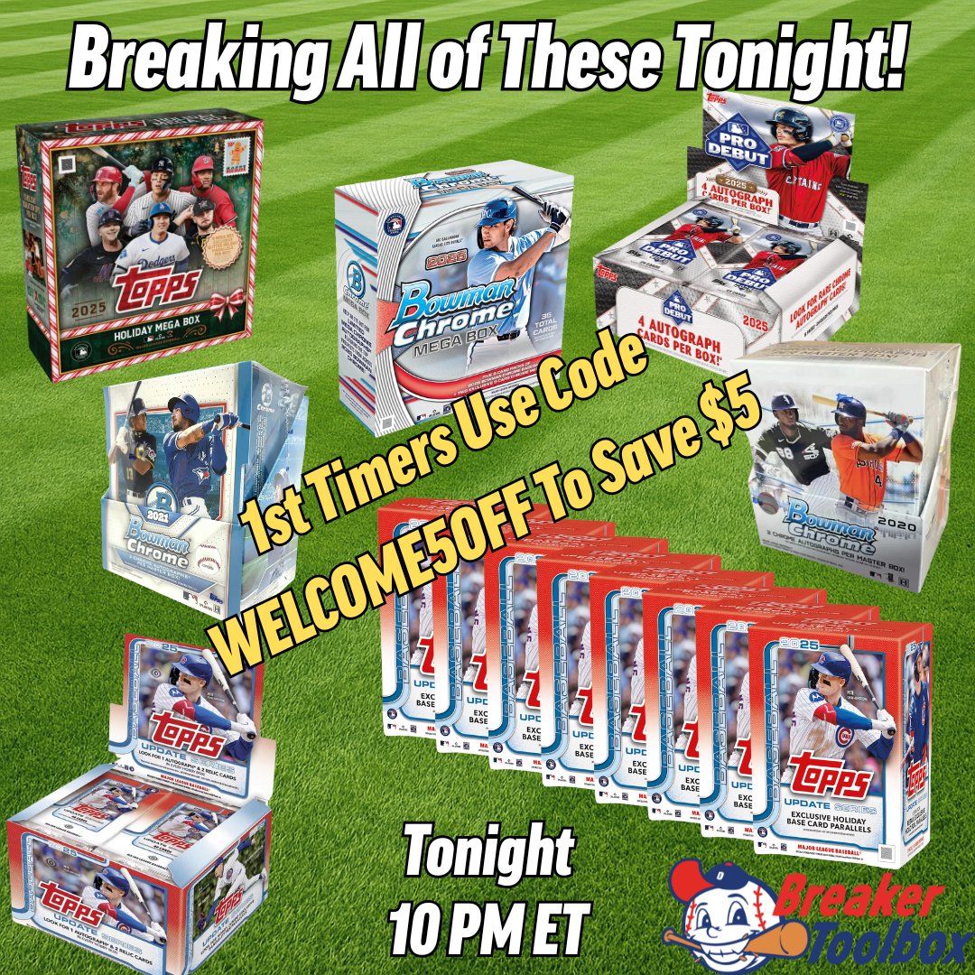 BreakerToolbox's tweet image. Live now on Breaker Toolbox breaking:
Topps Update
Topps Pro Debut
Bowman Chrome
Topps Holiday
and more!

Use code WELCOME5OFF for $5 off your first purchase!

#cardbreaks #baseballcards #thehobby #topps #bowmanchrome