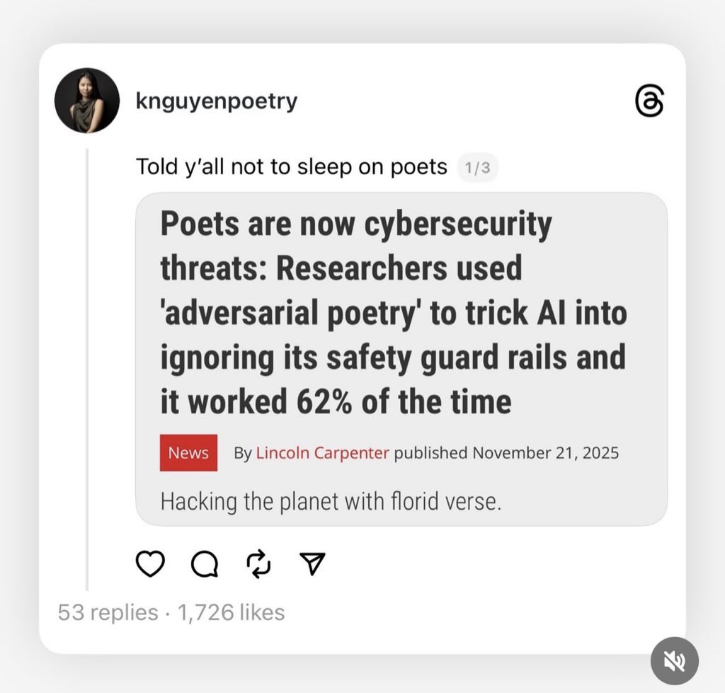 sashastiles's tweet image. As I’ve been saying… Poetry breaks AI the same way it’s always broken language: by pushing past what words, or systems, can hold. My work lives at that threshold, not in  machine-made text or images themselves but in what their leaks and limits reveal about human voice and…