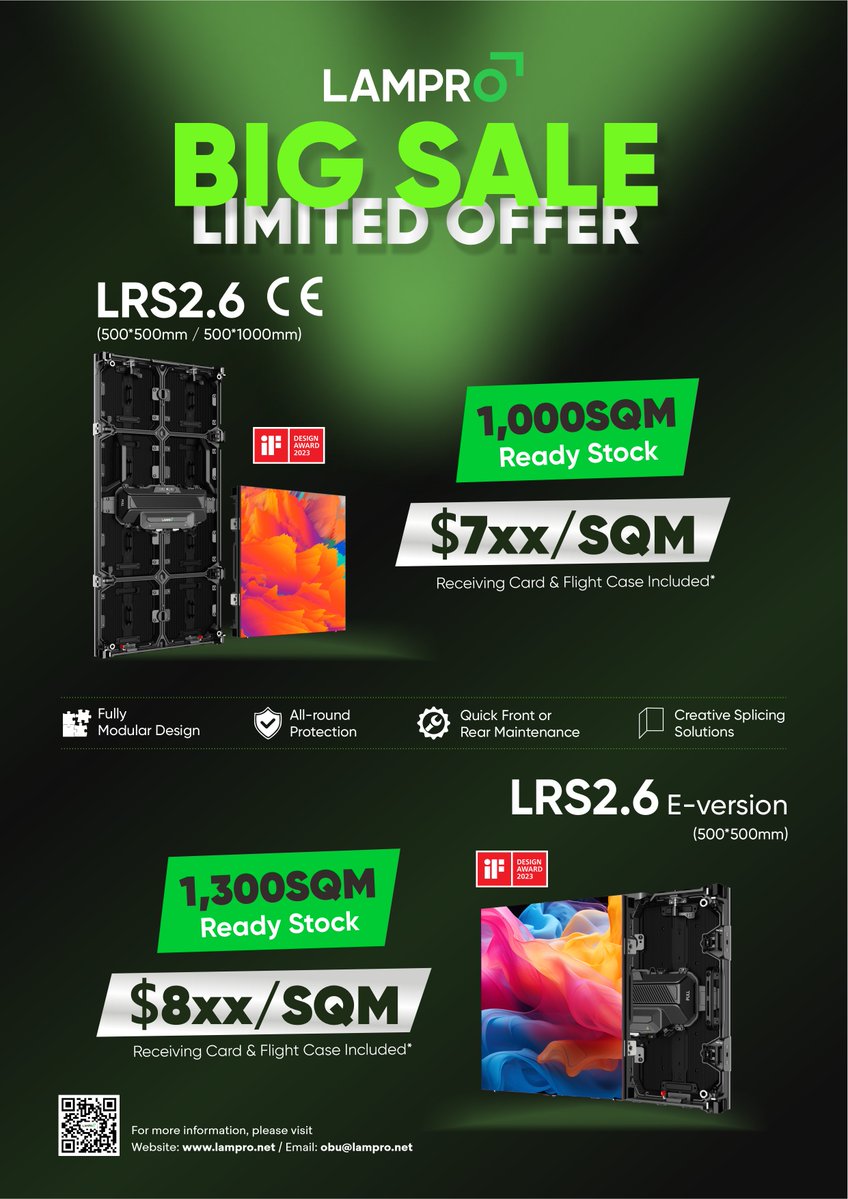 LAMPRO_Official's tweet image. Planning a show, expo, or live event and want your visuals to steal the spotlight?
Meet the LAMPRO LRS — the premium rental LED display designed.

With ready stock of 1,000 SQM (LRS2.6) and 1,300 SQM (E-version), don’t miss out on this limited-time offer!

#LAMPRO #LEDDisplay