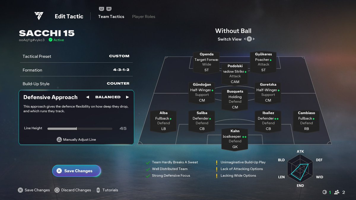 #تكتيكات_ساكي 

تكتيك هالاسبوع لخطة 
4321
مهم جدا اسلوب بناء اللعب معاكس ( كاونتر) 
والعمق 45 ليكون تقارب لعيبة الوسط مع الدفاع 

الدفاع بالكامل ثبتناه ورى والسبب مافي لاعب CDM في التكتيك 

بالنسبة للوسط اليمين واليسار اعطيناهم لاعب وسط على الطرف  ففي حالة الهجوم تلقاهم عالاطراف