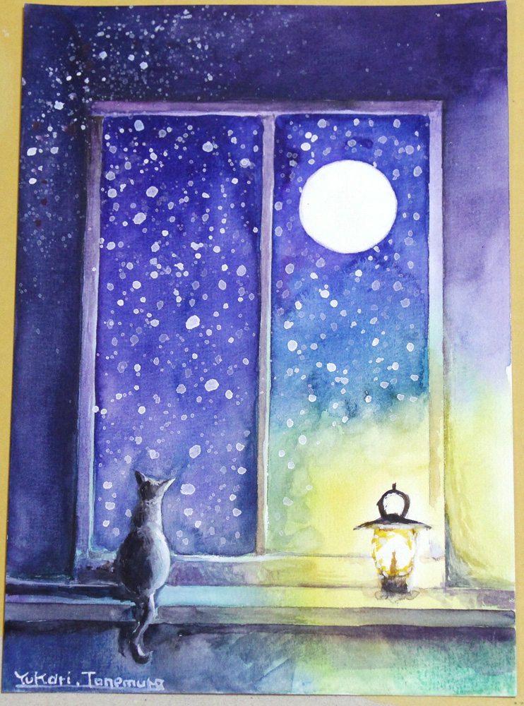 窓辺の夜雪」 A5サイズ 水彩メインでアクリルと水彩色鉛筆も使用 やや