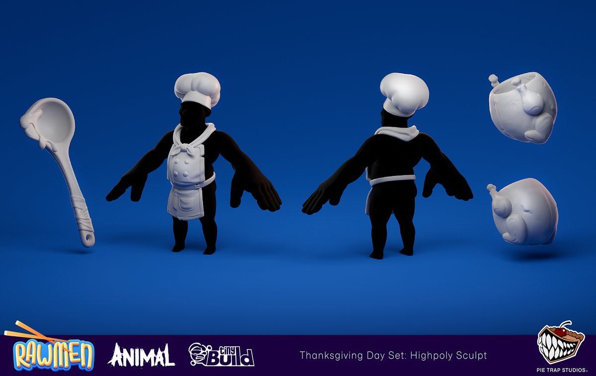 🦃Serve up some Thanksgiving chaos. Here is the Chef Outfit we sculpted for Rawmen, complete with a turkey pot and gravy ladle.
Need stylized character art for your game? We can help.
#GameDev #3DArt #StylizedArt #ZBrush #RawmenGame #PieTrapStudios