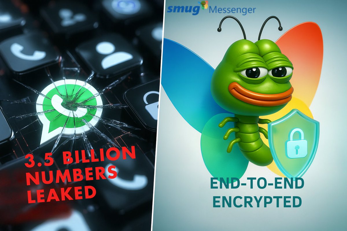 🛡️ Smug Messenger vs. <a href="/WhatsApp/">WhatsApp</a> 💥

Pepecoin.io/chat

- Uses the <a href="/xmtp_/">XMTP</a> protocol
- No email, number or name
- No local or centralized storage
- All content is private; tied to your wallet key
- Cross-app message access
- Send &amp; receive on-chain assets
- Send nudges