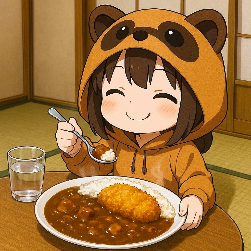 akagi401's tweet image. 今日のお昼はカツカレー🍛を食べるたぬ
揚げたてのカツはサクサクで美味しいたぬ！
カレーは海上自衛隊のレシピを参考に作ってるたぬよ〜