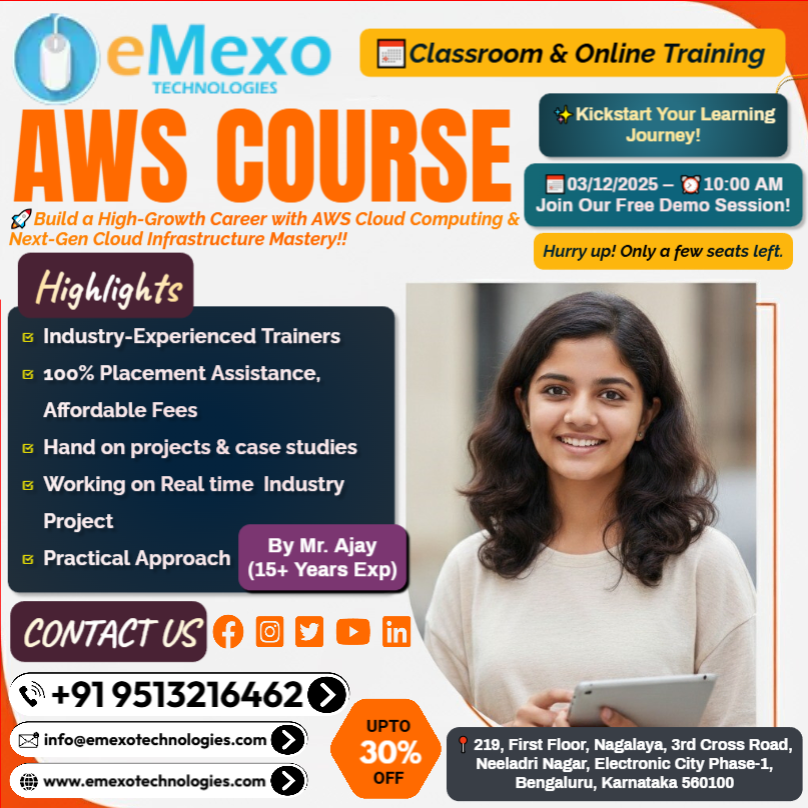 eMexoTechSEO's tweet image. AWS Training in Marathahalli, Bangalore🌩️– eMexo Technologies!
Calling All Future Cloud Engineers! @everyone @highlight @followers
📞Call/WhatsApp: +91 9513216462
📧Email: info@emexotechnologies.com
🌐Register Online: emexotechnologies.com/courses/aws-tr…
🔖#AWS #AWSSysOps #AWSLambda #AWSEC2
