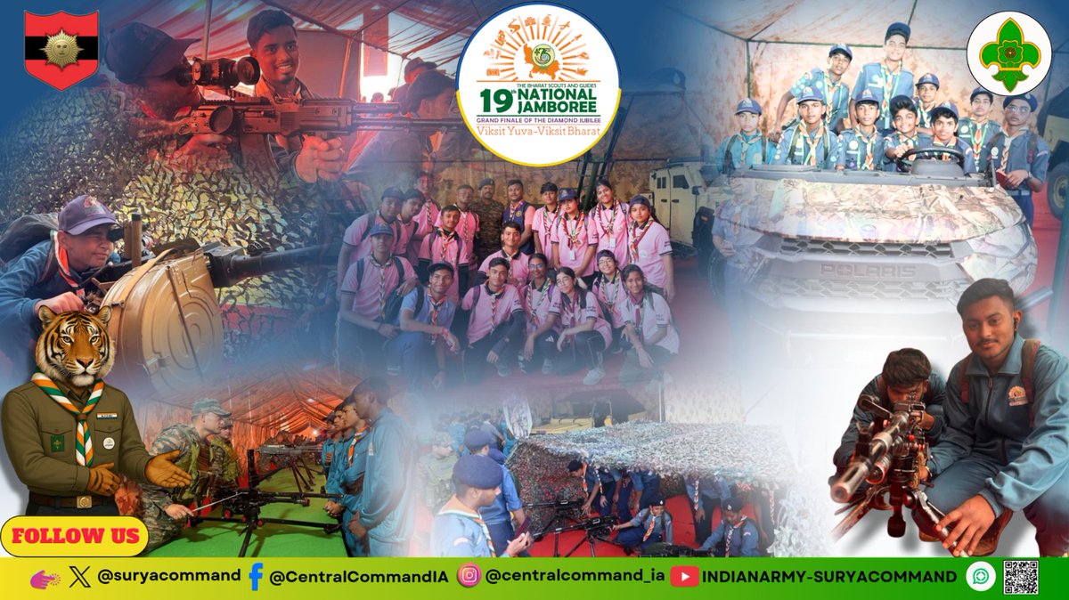 suryacommand's tweet image. &quot;𝗘𝗺𝗽𝗼𝘄𝗲𝗿𝗶𝗻𝗴 𝗬𝗼𝘂𝗻𝗴 𝗠𝗶𝗻𝗱𝘀 𝗜𝗻𝘀𝗽𝗶𝗿𝗶𝗻𝗴 𝗙𝘂𝘁𝘂𝗿𝗲 𝗟𝗲𝗮𝗱𝗲𝗿𝘀&quot;

#NuranangBattalion, #GoldenKeyDivision of the Indian Army engaged with over 33,000 young participants, including international cadets, during the 19th National Jamboree of Bharat Scouts…