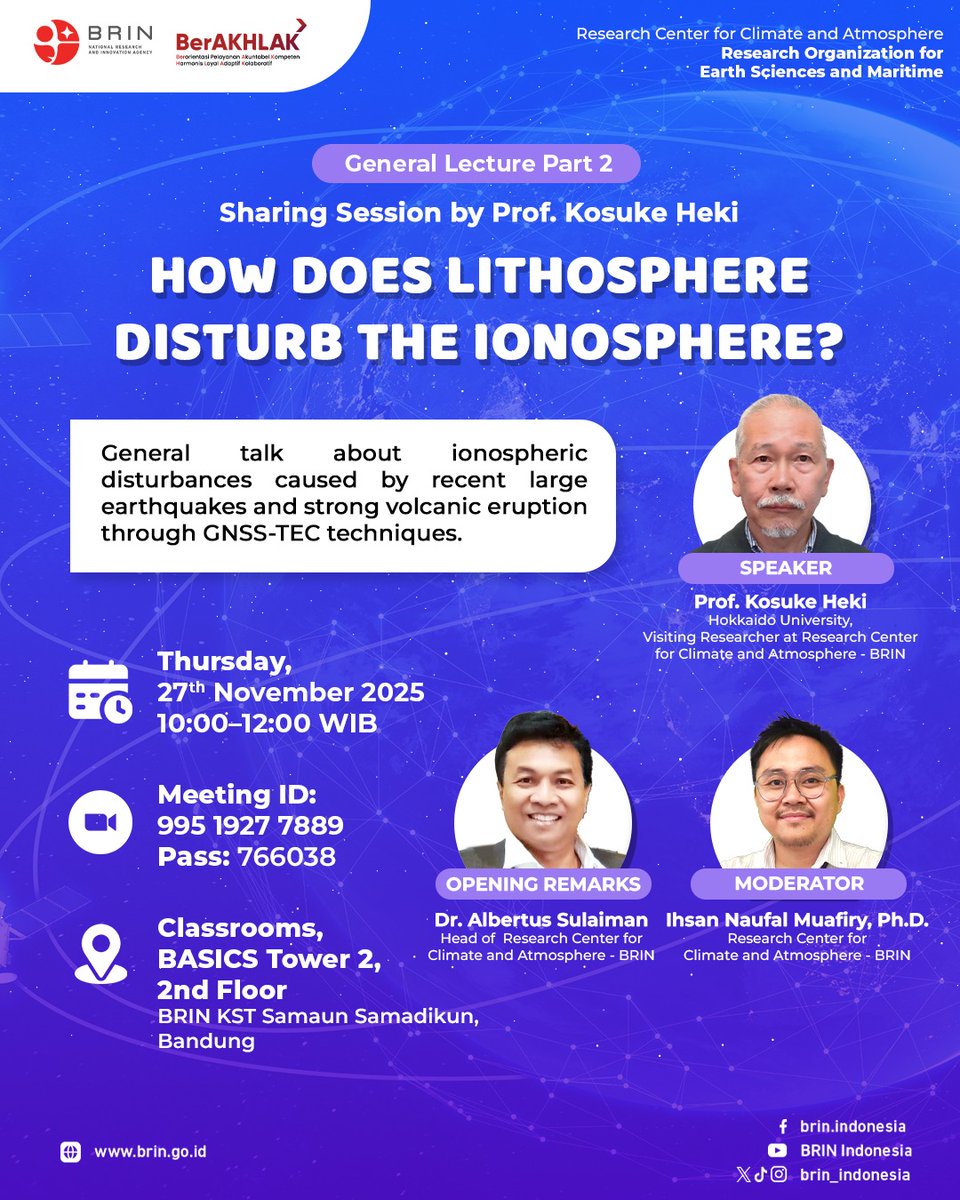 Scientist still struggle to predict earthquake. One of method is predict it from the top of the atmosphere. This lecture showing to us the state of the art in ionosphere studies related with earthquake signals. 
<a href="/brin_indonesia/">BRIN Indonesia</a>