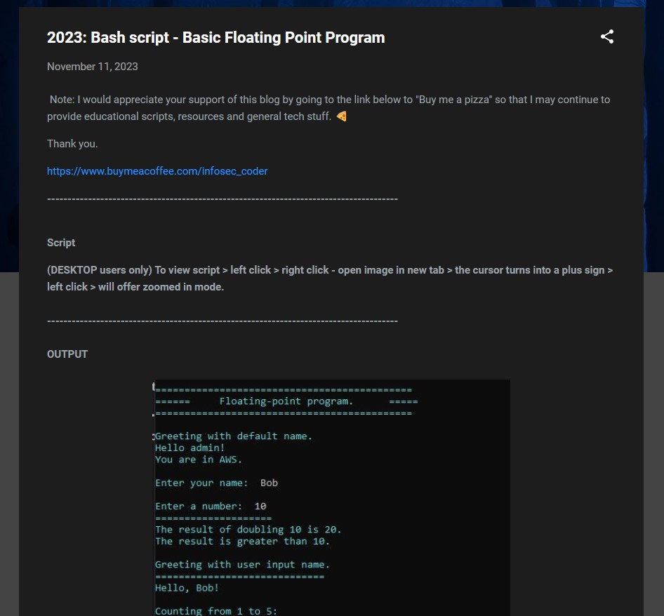 infosec_coder's tweet image. 💥  🛠️   Bash script - Basic Floating Point Program   🛠️  💥
#100DaysofCode #infosec #linux #webdev #devops #devsecops #database

coder1life.blogspot.com/2023/11/2023-b…

❤️ tech life