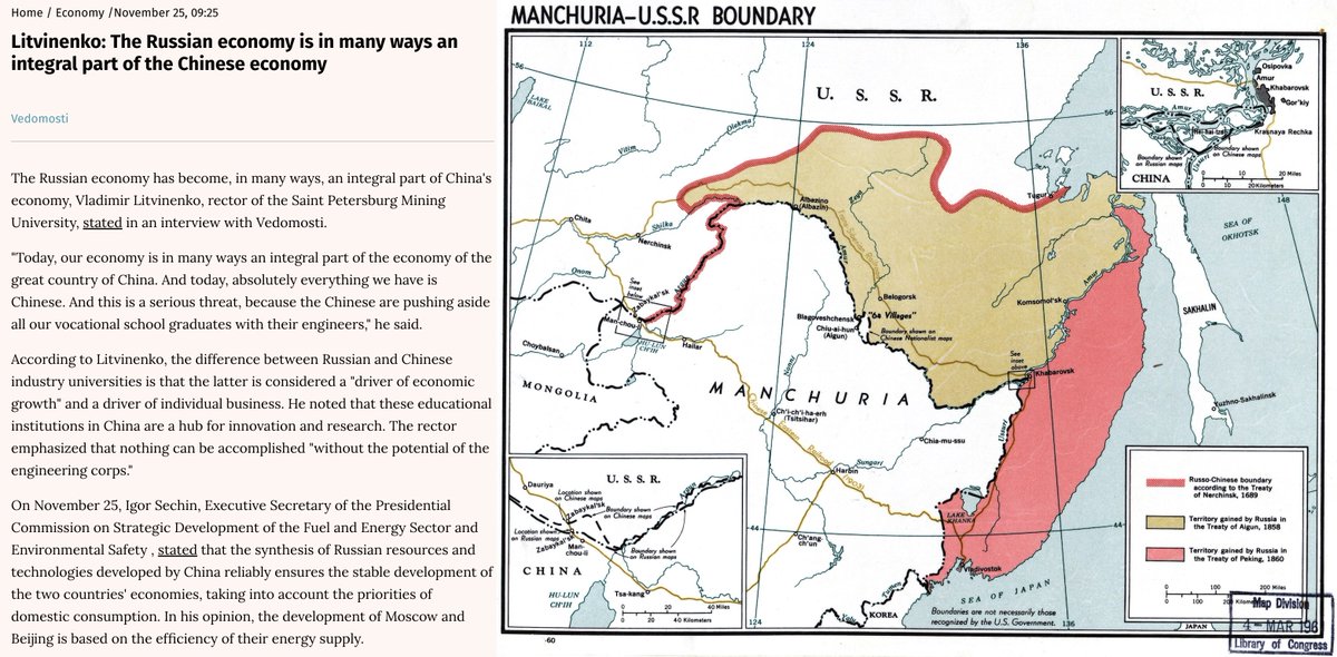 Russia is increasingly accepting its role as China's economic vassal.

The head of the St. Petersburg Mining University admitted that Russia is "an integral part of the economy of the great country of China".

OBTW Vladivostok was called 海參崴 until 1860. Might be relevant soon.