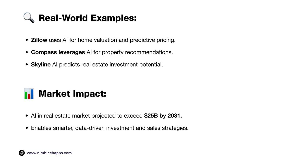 Nimblechapps's tweet image. 🏡 AI in Real Estate: Smarter Pricing &amp;amp; Predictions ⚡

🧠 Zillow valuations
🔍 Compass recommendations
📈 Skyline AI forecasts
💰 Market heading to $25B 

Nimblechapps builds AI dashboards for valuation, predictions &amp;amp; property insights.

#AI #RealEstate #PropTech #TechNews