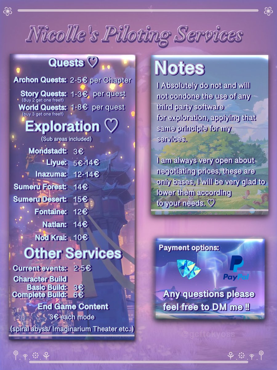 Nicollepilot's tweet image. 🌸 Genshin piloting services 🌸
I am updating my service options!

Are you burned out or busy?
Don't miss out on events, story quests or exploration, for a fair price I can do them for you!!

🌸Dm to avail or with any questions!
 (˶˃ ᵕ ˂˶)🫶🏻