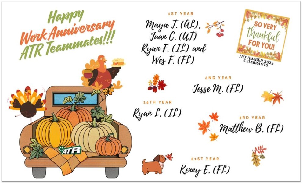 ATRecycle's tweet photo. 🎉 Celebrating our ATR teammates with November work anniversaries! Thank you for your dedication and impact — we're grateful to have you on the team. 👏

#WorkAnniversary #TeamAppreciation #EmployeeRecognition #ThankYouTeam #ATR #Leadership #CompanyCulture #PeopleFirst #Workplace https://t.co/YsLFU8s43F