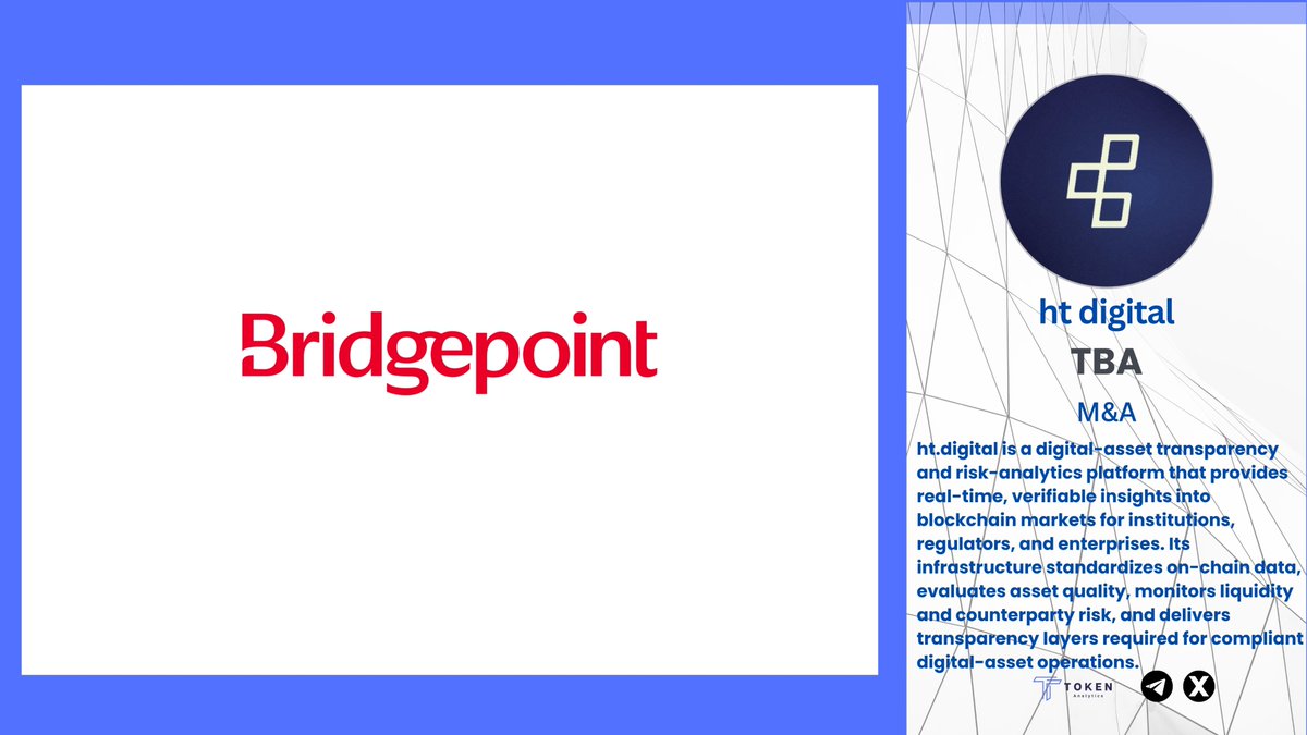 TokenAnalytics_'s tweet image. 🚀 Major Strategic Shift: ht.digital Announces M&amp;amp;A Round 💲

 🤝  @htdgtl is entering a major M&amp;amp;A round with #Bridgepoint, marking a powerful step toward scaling digital-asset transparency and risk-analytics infrastructure ✨

💼 RAISED: TBA
📊 ROUND: M&amp;amp;A
🔗 Sector:…