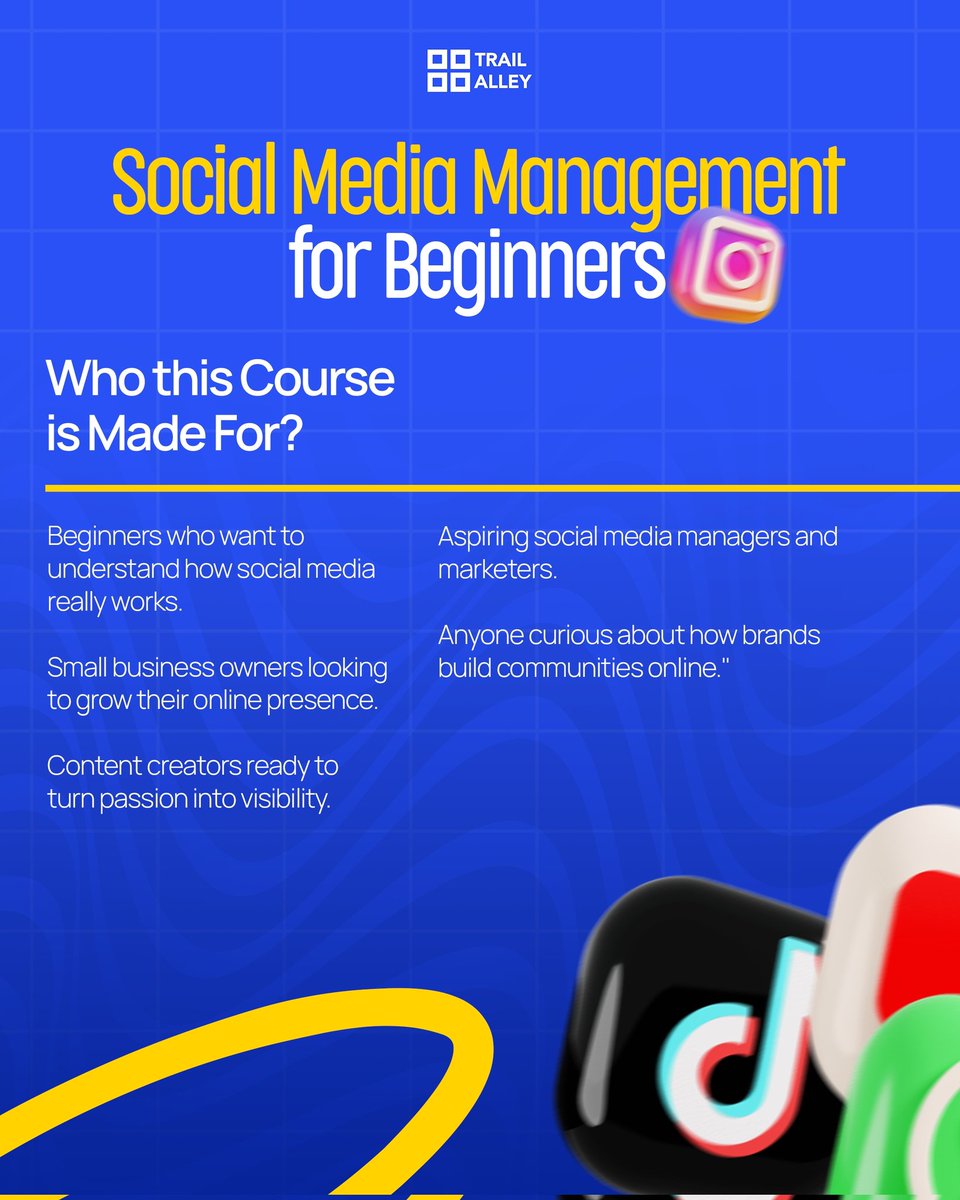 trailalley's tweet image. Master the art of creating engaging content &amp;amp; managing social media platforms with ease.

Perfect for beginners, creators, business owners, and aspiring social media managers.

Link: 
trailalley.co/social-media-m…

#TrailAlley
#TrailAlleyAcademy
#LearnTechInBenin
#SocialMediaManagement