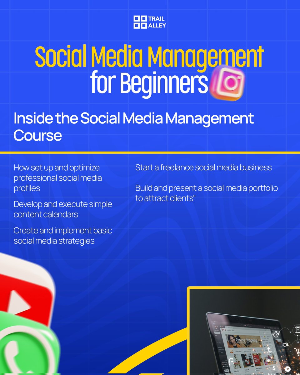 trailalley's tweet image. Master the art of creating engaging content &amp;amp; managing social media platforms with ease.

Perfect for beginners, creators, business owners, and aspiring social media managers.

Link: 
trailalley.co/social-media-m…

#TrailAlley
#TrailAlleyAcademy
#LearnTechInBenin
#SocialMediaManagement