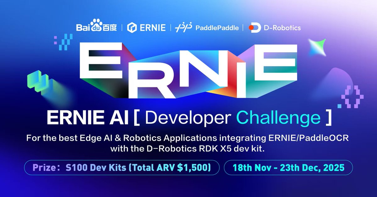 DRoboticsDev's tweet image. 📢 Exciting News for Developers &amp;amp; Tech Innovators!
The ERNIE AI Developer Challenge is officially underway—and we’re thrilled to partner with @ErnieforDevs to launch the highly anticipated Edge AI &amp;amp; Robotics Track!

🥳Compete for exclusive prizes: D-Robotics’ upcoming S100…