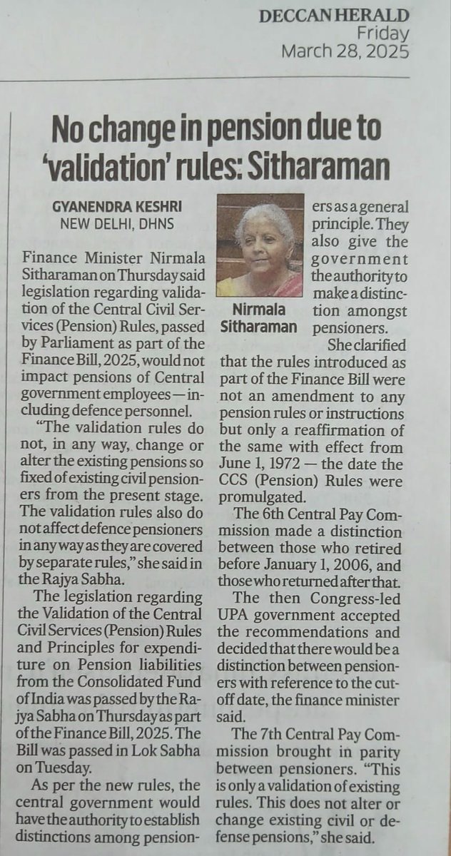 ManjeetIMOPS's tweet image. 25 मार्च 2025 को संसद में पारित वैलिडेशन एक्ट की वजह से पेंशनर और कार्यरत सरकारी कर्मचारियों के बीच पेंशन में कोई विभेद नहीं किया जाएगा: माननीय वित्त मंत्री निर्मला सीतारमण जी
लेकिन माननीय वित्त मंत्री @nsitharaman
जी, समस्या यह है कि इस एक्ट से उन कर्मचारियों पर प्रभाव पड़ेगा जो…