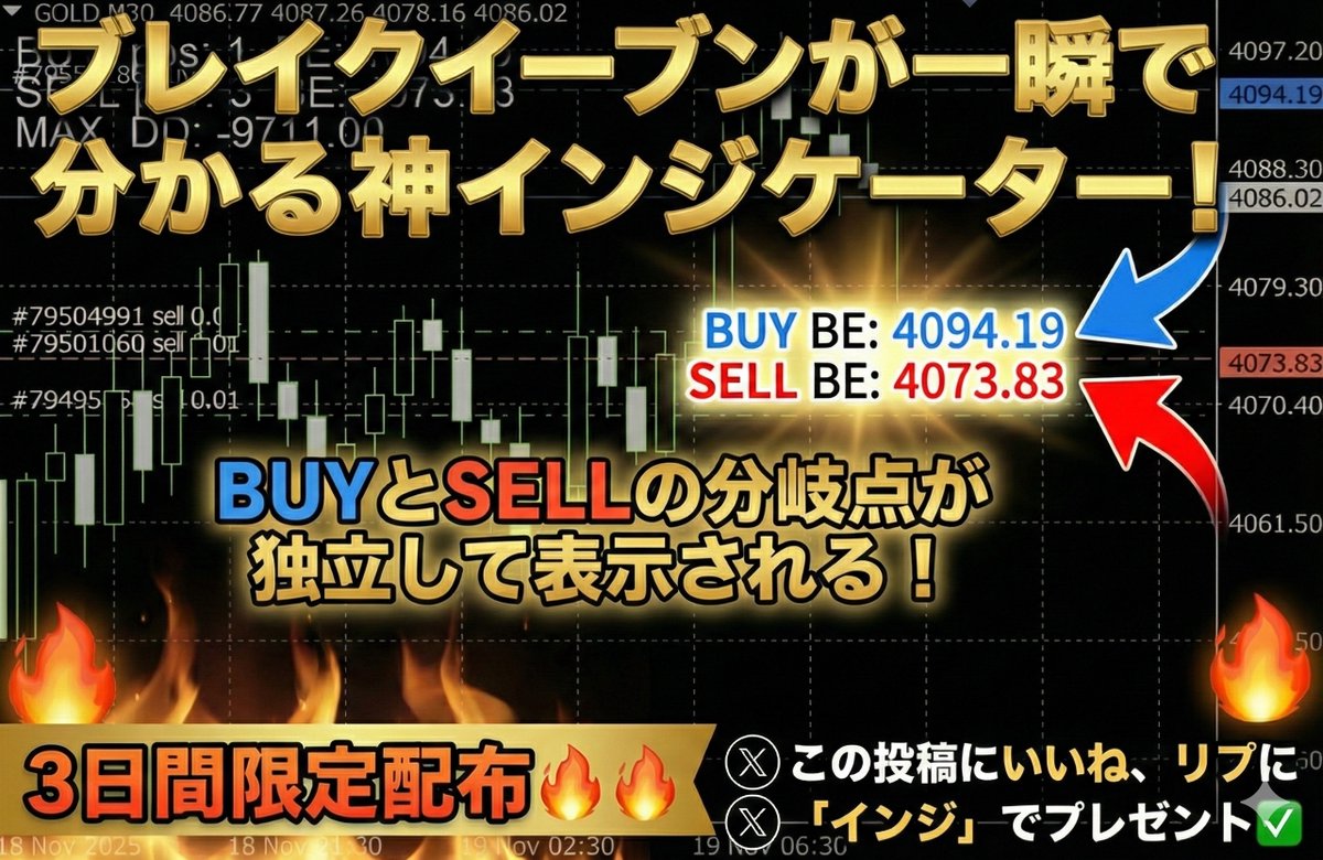 【※3日で消す】
またまた便利すぎる神ツールできた…

チャートに入れるだけで、今あるポジションの損益分岐点(ブレイクイーブン)が一瞬で分かるインジケーターを、

”3日間限定”で配布します🔥🔥

もうどこで利確だろう、、と悩まなくても済みます。

この投稿に
いいね、リプに
インジ
で送ります✅