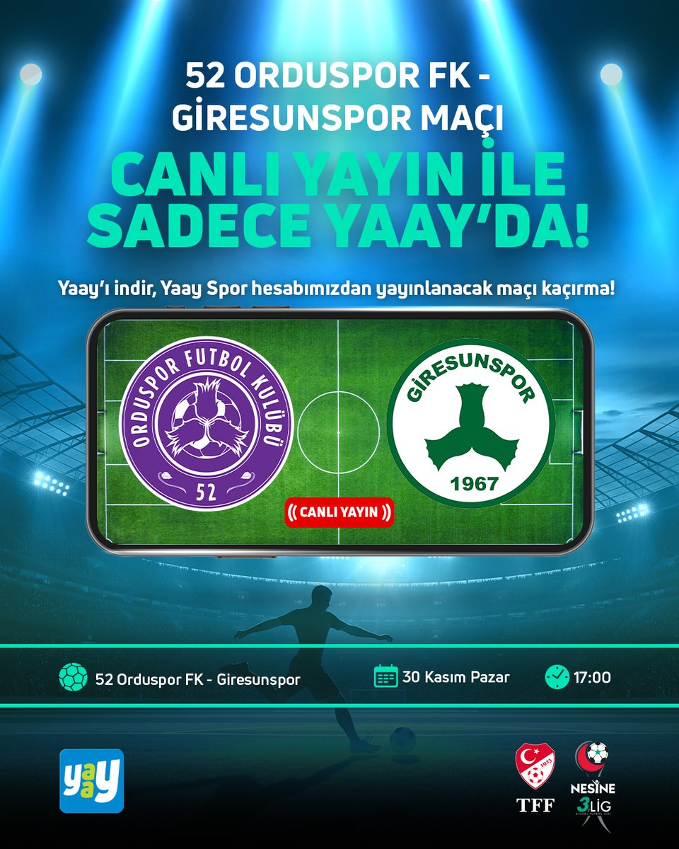 Bu haftanın Nesine 3. Lig Mücadelesi: 52 Orduspor FK - Giresunspor, 30 Kasım 17.00’de, canlı yayın ile sadece Yaay’da!
Hemen Yaay’ı indir, Yaay Spor hesabını takip et, maç heyecanına ortak ol! ⚽️🏆

Hemen indirin! 👉🏻 yaay.com.tr/login
Yaay Spor 👉🏻 yaay.com.tr/profile/yaaysp…