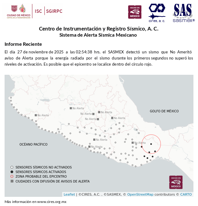 SASMEX's tweet image. Informe preliminar del #Sismo detectado el 27-nov-25 a las 02:54:38 hrs.  #TenemosSismo #LaPrevenciónEsNuestraFuerza