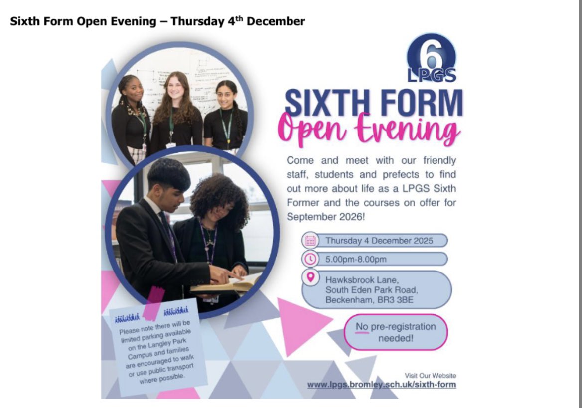 LPGSBromley's tweet image. Come and take a look at what LPGS6 has to offer at the Langley Park School for Girls, sixth form open evening, Thursday, 4th December. 5-8pm
No booking necessary but arriving earlier in the evening is recommended.