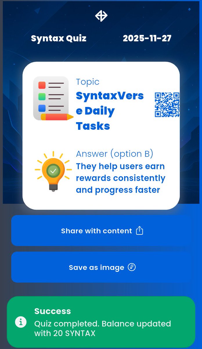churchi_blaq's tweet image. NOVEMBER 27th, 2025
1) #SyntaxVerse quiz answer for today 🎯
2) #Xenea wallet #quiz answer for today  ✅
3) #Marina protocol quiz #answer 🔥
4) #SpurProtocol quiz answer 👌

Time to contribute and stack with 👇
@SIXR_cricket